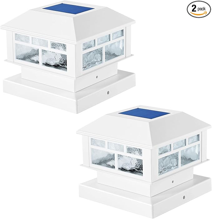 Solar Post Lights Outdoor, 20LM Fence Post Cap Lights, Waterproof, 2 Light Modes, Fit 3.5x3.5in 4x4in 5x5in Wooden Post, Solar Power Deck Lights for Garden Deck Patio Decoration(White 2Pack)