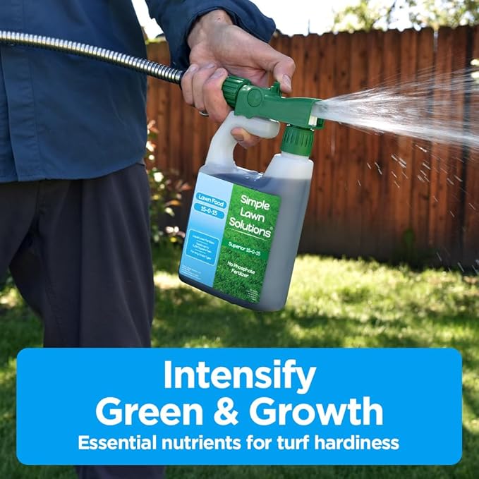 Superior 15-0-15 Liquid Lawn Fertilizer - Lawn Food for Growth & Green - Nitrogen, Potassium, Humic, Fish & Seaweed - Any Grass Type- Simple Lawn Solutions - All Season- Attached Sprayer (32 Ounce)