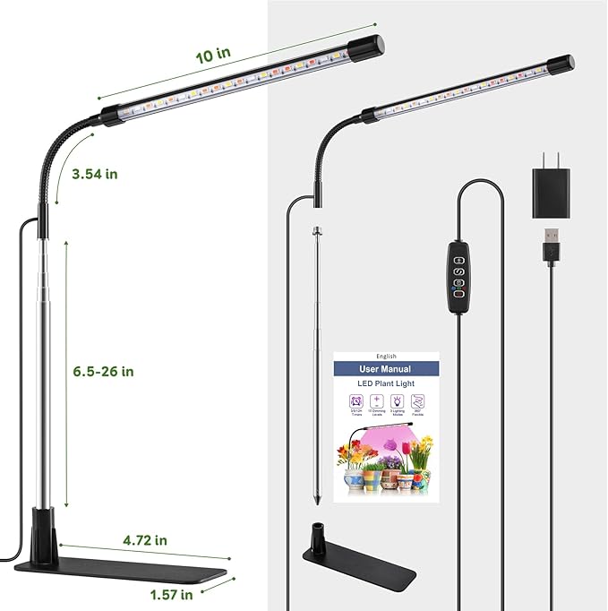 Grow Light, LED Plant Light for Indoor Plant Growing, Full Spectrum Desk Grow Lamp with Base,10 Dimmable Levels, Plant Lamp with Automatic Timer for 3/9/12H, Height Adjustable 6.5"-26"(3 Pack)