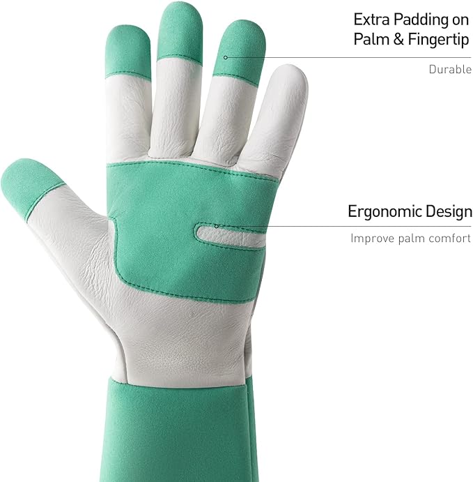 HANDLANDY Long Gardening Gloves for Men & Women, Thorn Proof Rose Pruning Gloves Leather Gauntlets Garden Gloves Yard Work Gloves (Large, Green)
