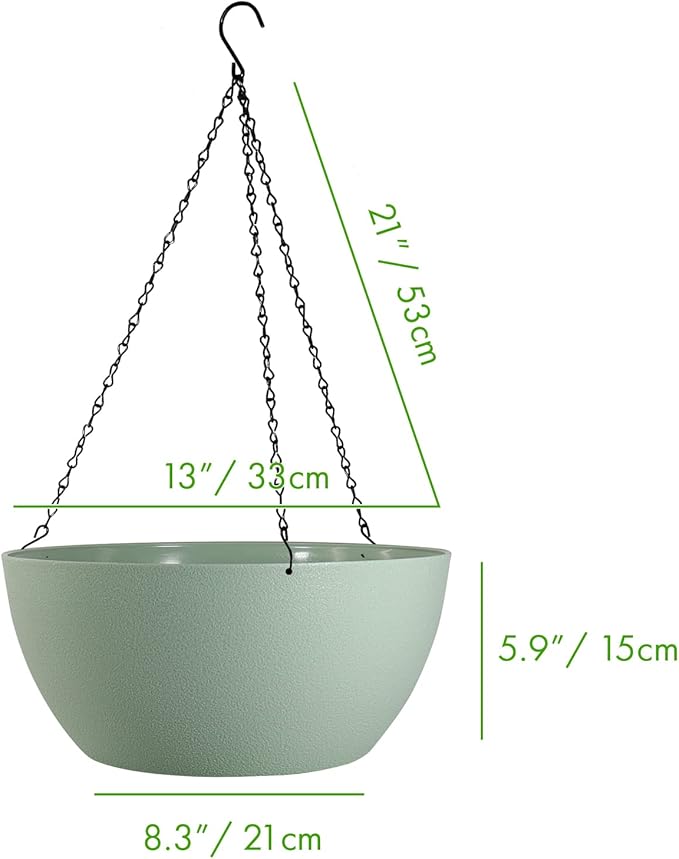 13 inch Large Hanging Planters Plant Pots for Outdoor Indoor Plants with Drainage Holes and Chain, 2 Pack Round Hanging Flower Pots for Garden Home Porch Decor, Green