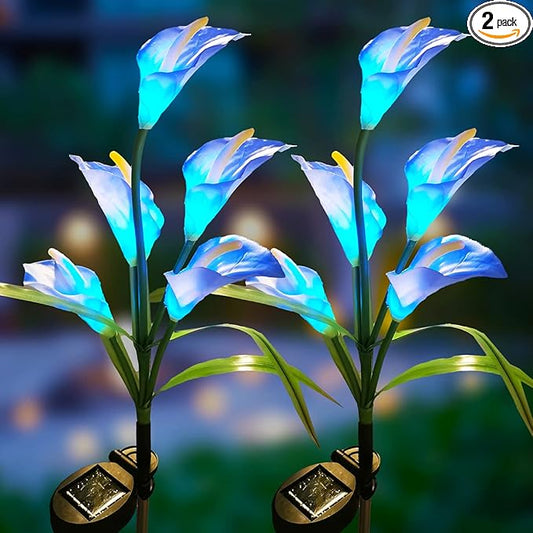 Veesee 2 Packs Upgrade Solar Calla Lily Lights Outdoor Garden Stake Light, Color Changing Solar Powered LED Lily Lights for Christmas Gift Wedding Party Outdoor(Blue)
