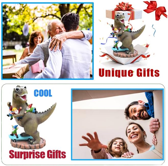 Garden Statue Outdoor Decoration, Cool Dinosaur Play Skateboard with Gnomes Figurines, Indoor Outdoor Decor Art for Patio Lawn Yard, Housewarming Garden Gift…