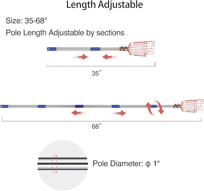 DnSail Fruit Picker Pole Tool with Basket Telescoping - Adjustable Mango Picker 35-68 inch Long Handle - Apple Orange Avocado Acorn Lemon Pear Pomelo Chery Picker for Tree