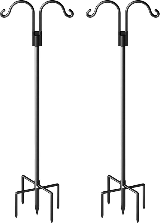 Double Shepherds Hooks for Outdoor, Heavy Duty Bird Feeder Pole with 5 Prong Base, Adjustable Shepards Hook for Outside, Garden, Weddings, Hanging Plant, 2 Pack