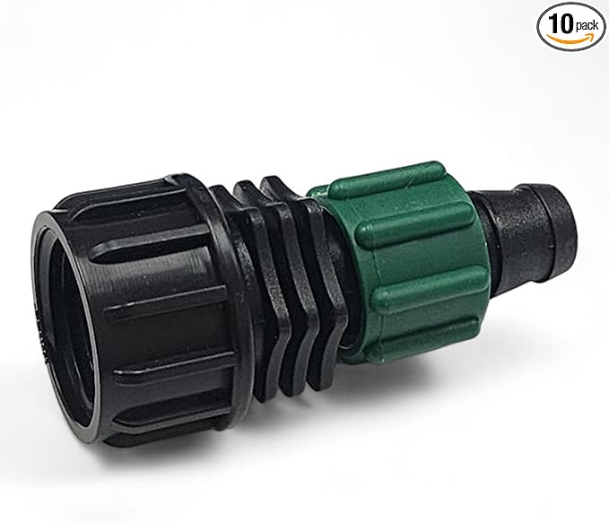 10-Pack - USA MADE Premium Drip Tape Irrigation Tubing FEMALE HOSE SWIVEL, (5/8" or .625" - .645") Universal Perma-Loc Connector Barbed Locking Fitting - Fits All Brands 16mm Drip Tape AG Tubing