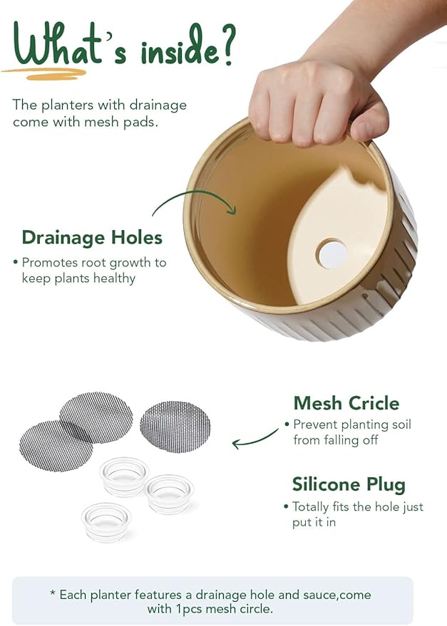 LE TAUCI Ceramic Planters, 8.3+6.9+5.7 Inch Plant Pots for Indoor Plants, Set of 3 Flower Pots with Drainage Holes, Round Planters Pot for Indoor House Plants, Reactive Glaze Cloud Cream