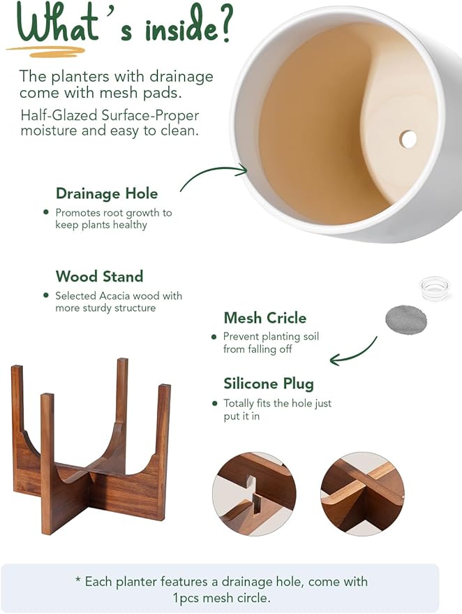 LE TAUCI 12 Inch Pots for Plants with Acacia Wood Stand, Ceramic Large Planters for Indoor Plants, Indoor Plant Pots for Office Living Room, Cylinder Pots for Plants with Drainage Hole and Plug, White