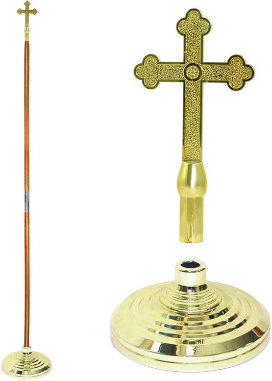 Super Tough Indoor Flag Pole kit 7ft - Plastic Cross - Gold Texture Base - Aluminum Flagpole with Brass Finish - Heavy Duty Inside House Flagstaff - Interior Shaft and Stand - No Ensign Included