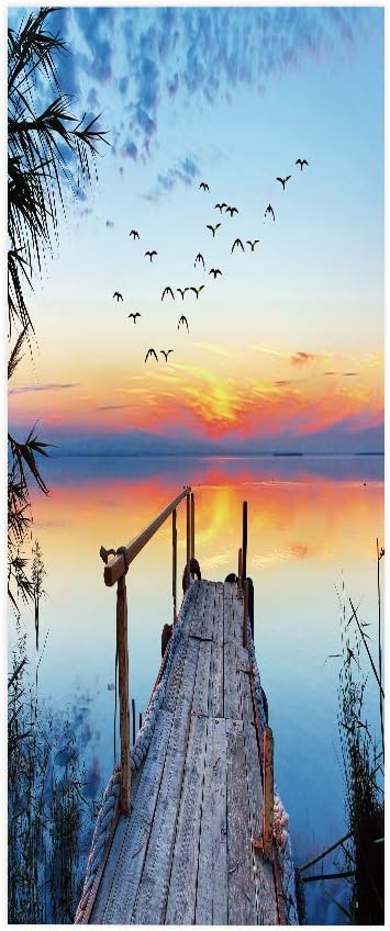 3D Pier Door Stickers - Blue PVC Waterproof Peel & Stick Wall & Door Decals - 37.4" x 84.6" - 2 Pieces