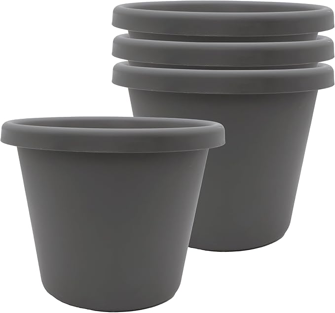 The HC Companies 7 inch Round Classic Planter - Plastic Plant Pot for Indoor Outdoor Plants Flowers Herbs, Warm Gray (4 Pack)
