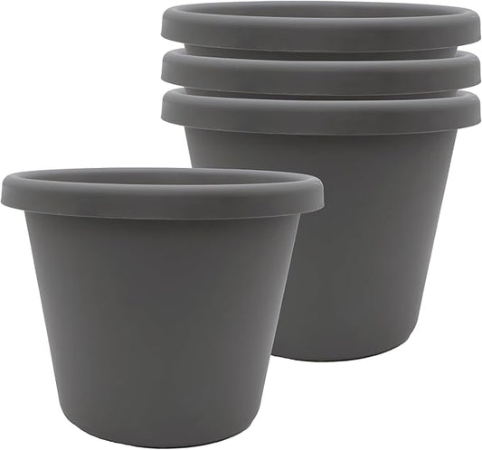 The HC Companies 7 inch Round Classic Planter - Plastic Plant Pot for Indoor Outdoor Plants Flowers Herbs, Warm Gray (4 Pack)