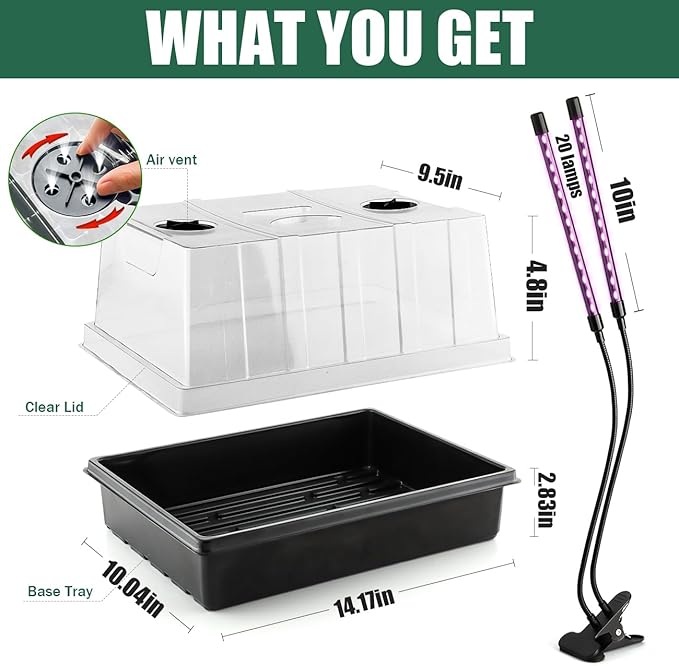 4 Sets Seed Starter Trays with Grow Light, 4pcs Seed Starter Tray with 4 Adjustable LED Plant Lights, Seed Starting Trays with 5'' Humidity Dome Lid, Flexible Light with 20 Lamp Beads/Bar for Seedling