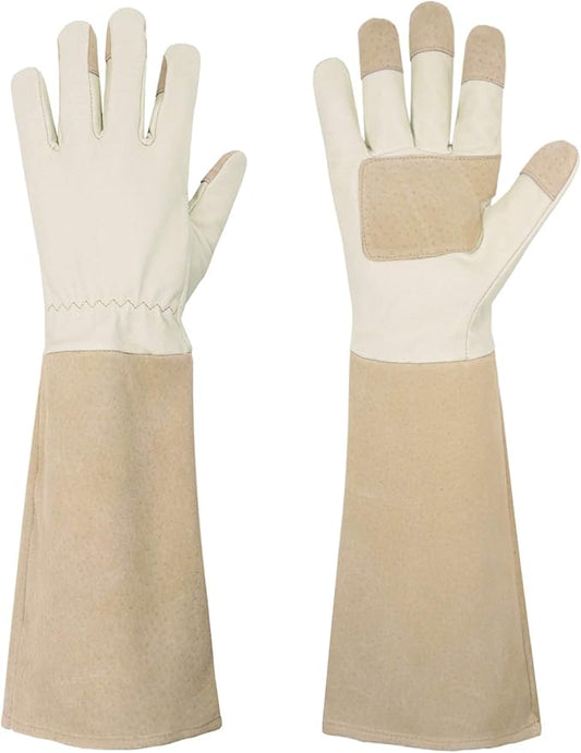 HANDLANDY Pruning Gloves Long for Men & Women, Pigskin Leather Rose Gardening Gloves- Breathable & Durability Gauntlet Gloves (Small, Beige)