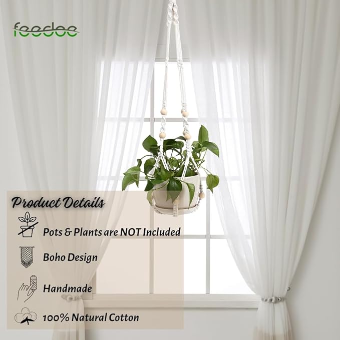 Macrame Plant Hanger, Hanging Planters for Indoor Plants Holder with Wood Beads, Hanging Plant Holder for Indoor Outdoor, Gifts for Plant Lovers, Boho Home Decor Plant Hanger, Ivory