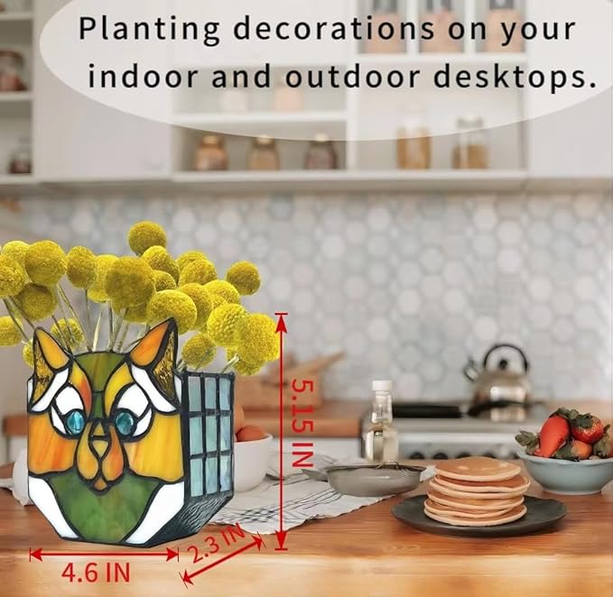 Cat Flower Pots for Indoor Plants,Stained Glass Cat Plant Displays,Cat Succulent Planter,Candle Holder Container Decoration,4.6x5.15x2.3 in (Without Succulents)