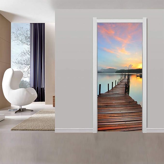 3D Door Stickers Murals - PIER - Peel & Stick - Waterproof & Washable - Matt Finish - Realistic Blue - 35.4" x 78.7"