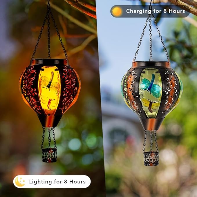 Dragonfly Solar Hot Air Balloon Lantern with Flame, Light Solar Outdoor Lantern Hanging Lanterns Decor for Garden Yard Patio, Dragonfly Gifts for Women Mom Grandmom