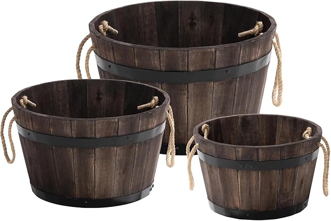 IDZO Set of 3 Wooden Flower Boxes Outdoor, Durable Acacia Wood Barrel Planters for Outdoor Plants with Ergonomic Handles, Drainage Holes, Multiple Sizes Wood Bucket Planter for Home Décor