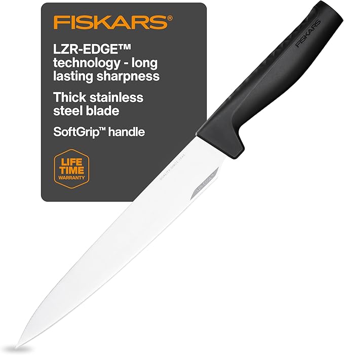 Fiskars Hard Edge 8.5" Carving Knife - Japanese Stainless Steel Blade Stays Sharp for Everyday Use - Non-Slip Handle for Effortless Cutting - Dishwasher Safe
