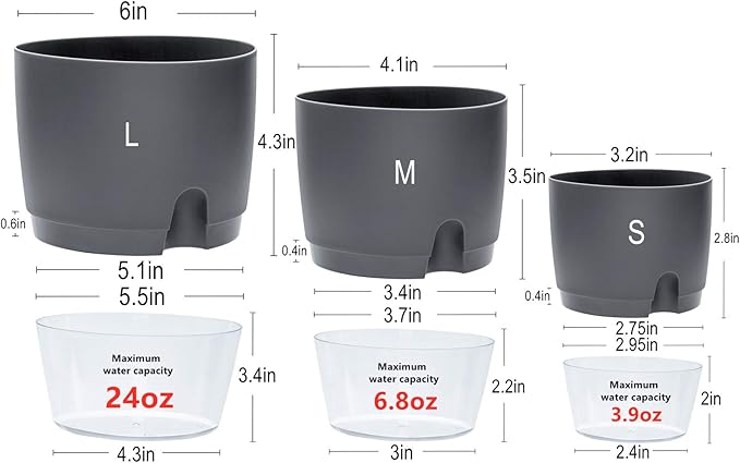 6/4.1/3.2 Inch Self Watering Planter Pots, 5 Pack African Violet Pots for Indoor Outdoor Windowsill Gardens, Self Aerating, High Drainage, Deep Reservoir(Gray)