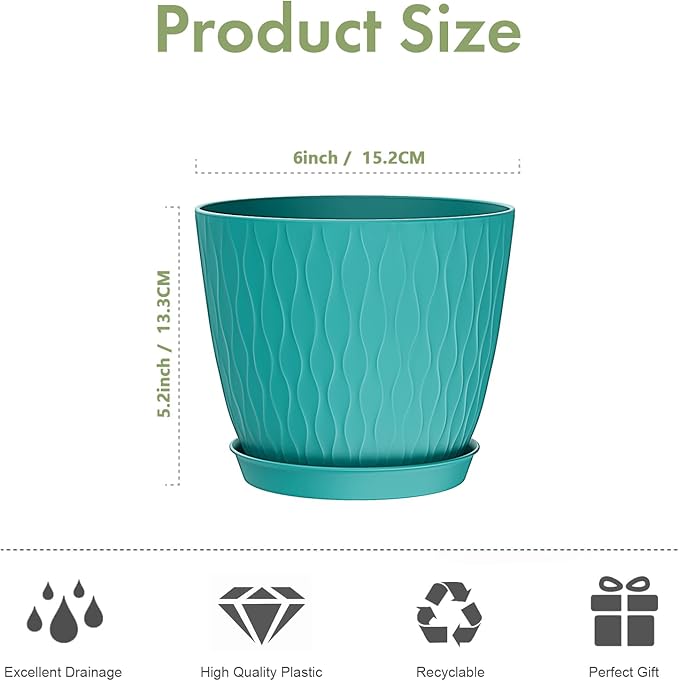 6 inch Plant pots, 12 Pack Modern Plastic Planters with Drainage Holes and Saucers for Repotting Indoor Plants and Flowers, Blue