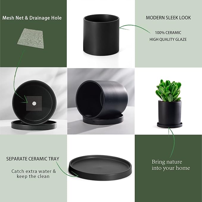 Planters for Indoor Plants Ceramic Flower Succulent Plant Pots with Drain Hole Saucer Decor for Home Office (5 inch Black)