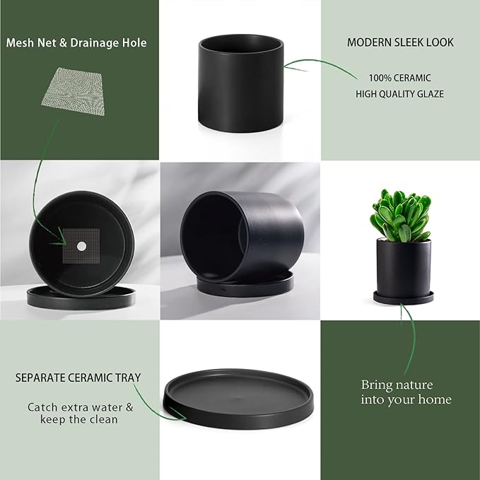 Planters for Indoor Plants Ceramic Flower Succulent Plant Pots with Drain Hole Saucer Decor for Home Office (6 inch Black)