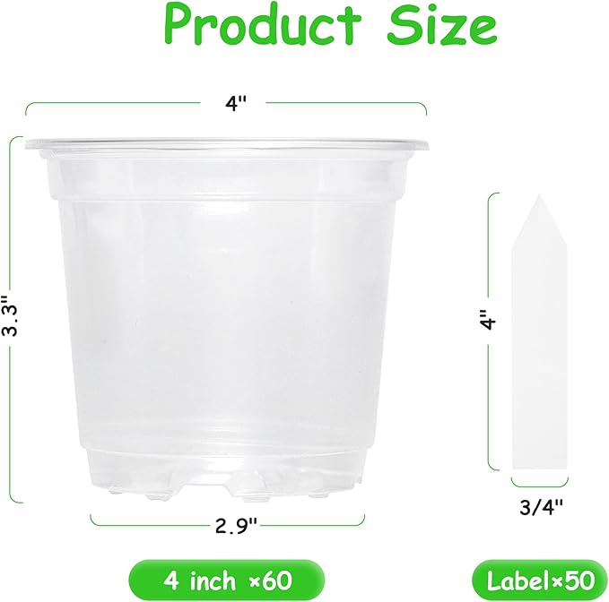 60 Pack 4 Inch Clear Nursery Pots with Drainage Holes, Transparent Plastic Pots for Plants, Reinforced Seed Starter Pots Garden Pots Flower Pots Come with 50pcs Plant Labels