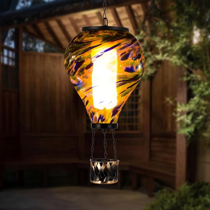 Starsoul Solar Hot Air Balloon Lantern with Flickering Flame Glass Hot Air Balloon Solar Light Waterproof Hanging Outdoor Lantern for Garden Yard Patio Decorations