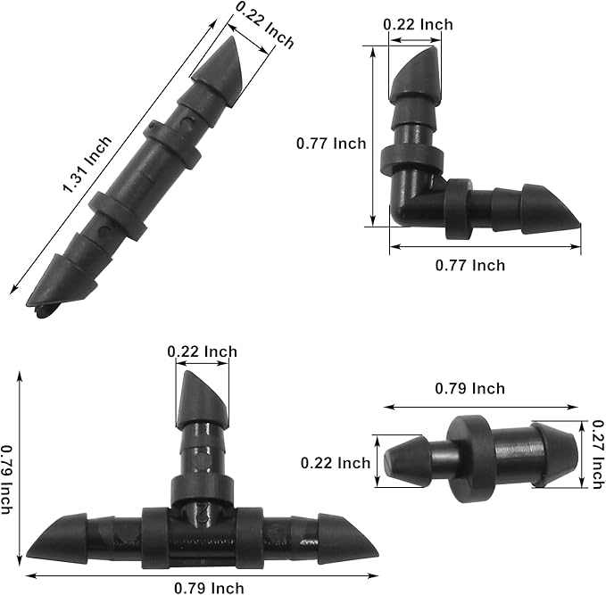 1/4 Inch Drip Irrigation Fittings Kit for 1/4 Inch Drip Tubing, 150 Pcs Drip Irrigation Parts for 65 Couplings, 50 Tees, 20 Elbows, 15 Goof Plugs for Drip or Sprinkler Systems(Black)