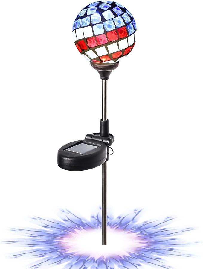 WNP Solar Powered Outdoor Garden Light Stakes Decoration,Mosaic Globe 4th of July Stake Solar Light Garden Decor,Solar Glow Glass Ball Lights Waterproof Decor Light for Patio Pathway,Yard