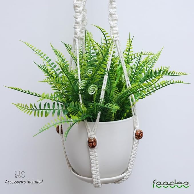 2 Pack Plant Hanger Indoor, Hanging Plant Holder, Macrame Plant Hangers, Handmade Boho Plant Hanger with Wood Beads, No Tassels Indoor Outdoor Flower Pots Holder, Home Décor Ivory (POTS NOT Included)