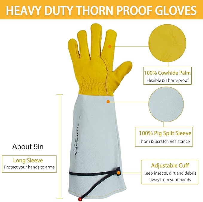 Gardening Gloves Thorn Proof for Rose Pruning & Cactus Trimming, Long Leather Garden Gloves for Women & Men (Large)