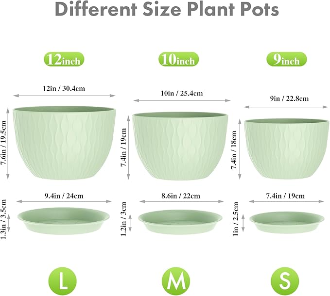 Large Flower Pots 12/10/9 inch, 3 Set Wide Plant Pots for Outdoor Indoor Plants with Water Ripples, Big Plastic Planters with Drainage Holes and Saucers for Garden House Plants, Green