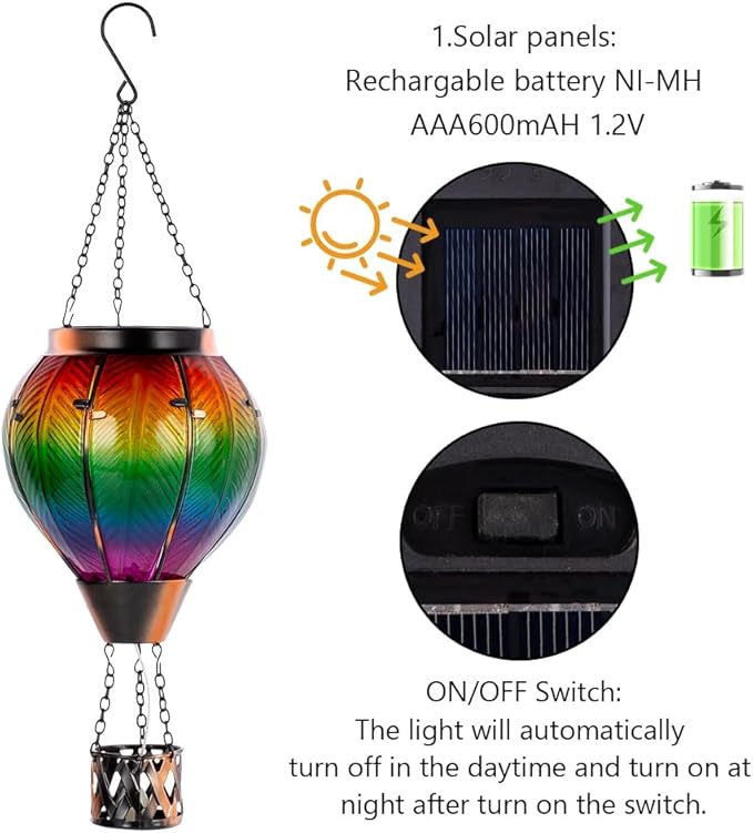 Starsoul 2PCS Hot Air Balloon Solar Lantern Colorful Solar Hot Air Balloon Lantern with Flame Light Waterproof Hanging Outdoor Lantern with Candle Holder for Patio Garden Yard Farmhouse Decor