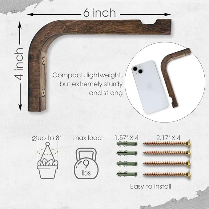 2-Piece Set of Plant Hooks for Wall 6 Inch - Mounted Wooden Plant Hook - Indoor and Outdoor Bracket Plant Hanger for Planters, Lanterns, Bird Feeders, Patio Decorations (Walnut)