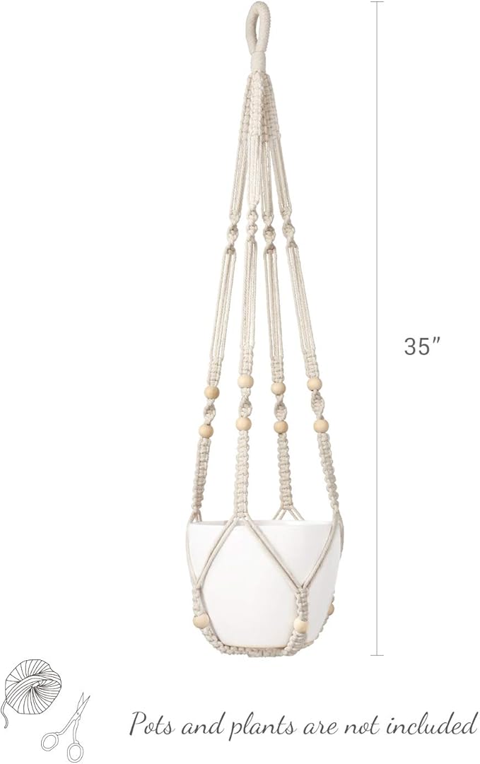 Mkono Macrame Plant Hanger Indoor Hanging Planter Basket with Wood Beads Decorative Flower Pot Holder No Tassels for Indoor Outdoor Boho Home Decor 35 Inch, Ivory, Set of 1 (POTS NOT Included)