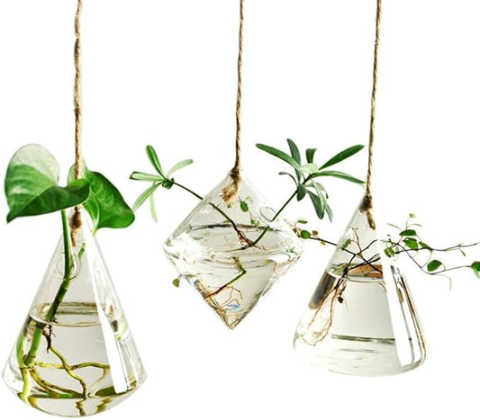 Glass Hanging Planters Indoor Outdoor Plant Pots Water Plant Containers Flower Pots Glass Terrariums Wall Vases 3 Pieces