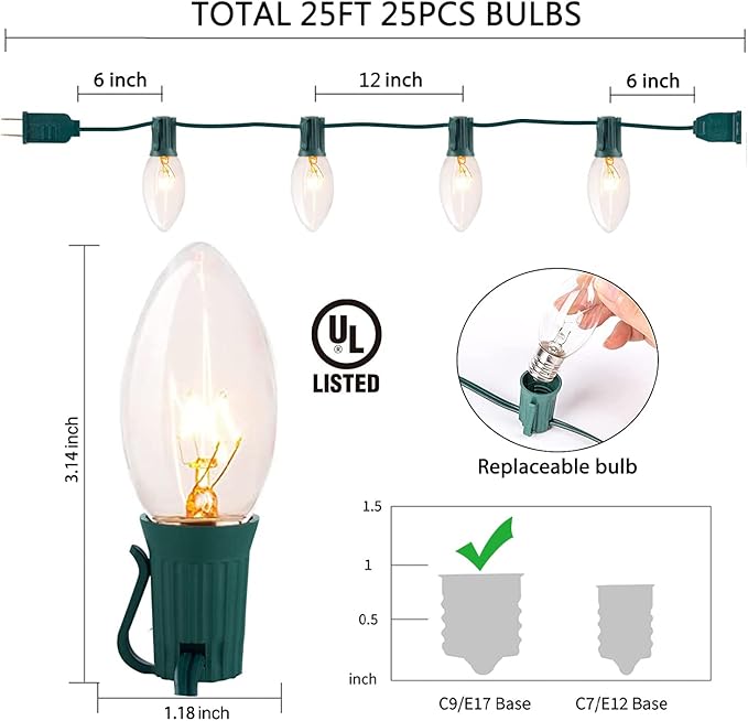 C9 Clear Christmas String Lights 25Ft C9 Outdoor Lights String with 26 Clear Bulbs, Hanging Christmas Roofline Light Patio Lights for Outdoor Decor 7 Watt C9/E17 Intermediate Base-Green Wire