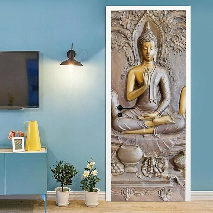 3D Door Stickers - Buddha Statue - Peel & Stick - Waterproof & Washable - Matt Finish - 34.6" x 78.7" - 2 Pieces - White - Oriental Style - Door & Wall - Adults