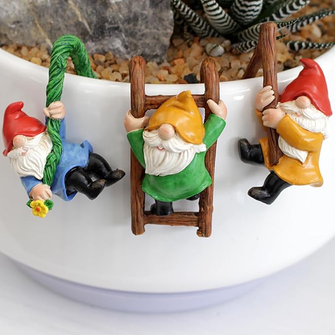 Set of 3 Garden Gnome Statues for Plant Pots Whimsical Climbing Dwarf Figurines Outdoor Garden, Patio, and Home Decor (A)