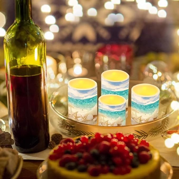 Beach Starfish Seashell Flameless Light Candles Battery Powered with Timer Remote Color Chaging Pillar Candle with Warm Yellow Color Changing Light Pack of 4