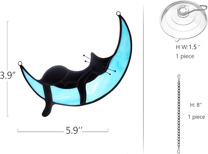 BOXCASA Sleeping Cat Stained Glass Windown Hanging,Black Cat on Moon Beautiful Handcrafted Sun Catcher Gifts for Daughter,Mothers Day,Christmas and Cat Lover