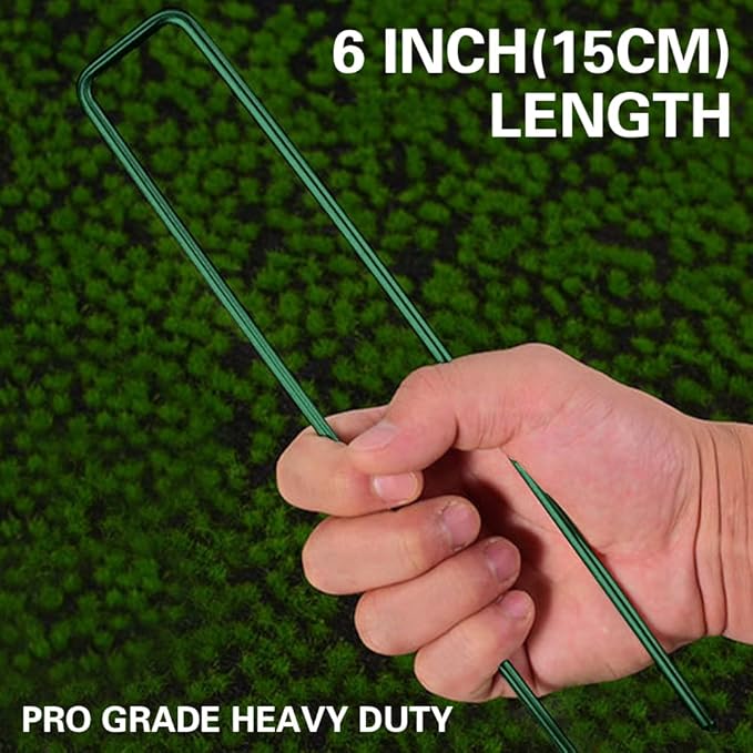 Bakulyor 100Pcs Green Landscape Staples 6 Inch Garden Artificial Turf Stakes Staples, 11 Gauge Lawn Galvanized Ground Fabric Pins for Weed Barrier Sod Decorations Holding Fence and Irrigation Tubing