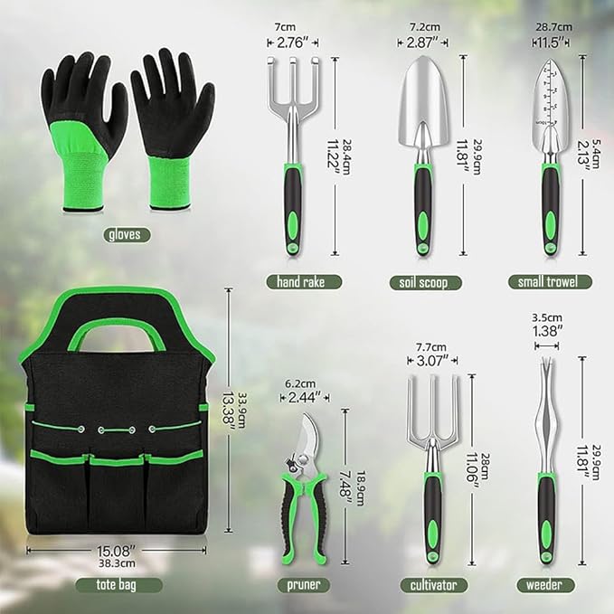 Garden Tool Set with Non Slip Rubber Grip,8 Piece Aluminium Gardening Tool Sets,Outdoor Hand Tools Durable Storage Tote Bag,Uprooting Weeding Tool Gardening Gifts for Women and Men
