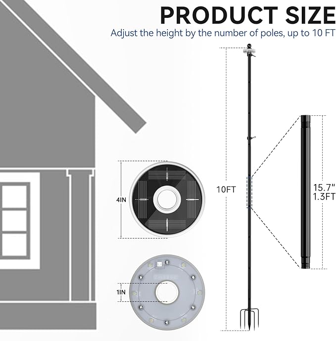 ZMTECH 2 Packs 10 FT Heavy Duty Flag Pole in Ground with Solar Light, Flag Pole Holder for Outside House with Solar Light and 5 Pronges Base, Flag Pole Kit for Outdoor Garden Decor(Without Flag)