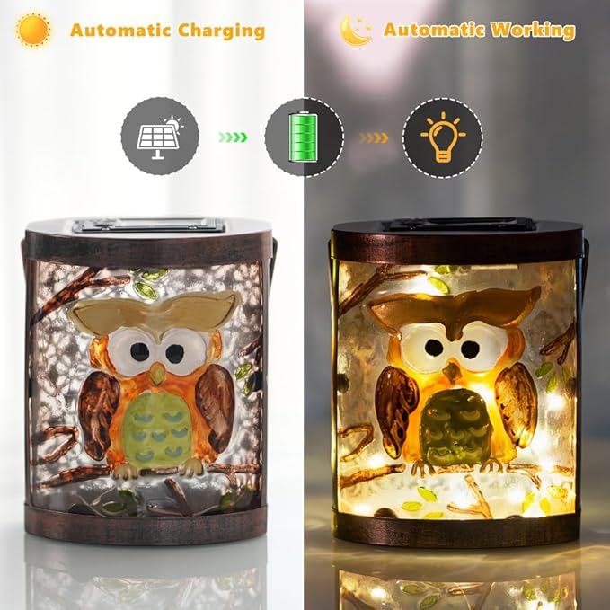2 Pack Owl Solar Lanterns Outdoor Waterproof, Hanging Glass Solar Lantern with LED Light for Garden Yard