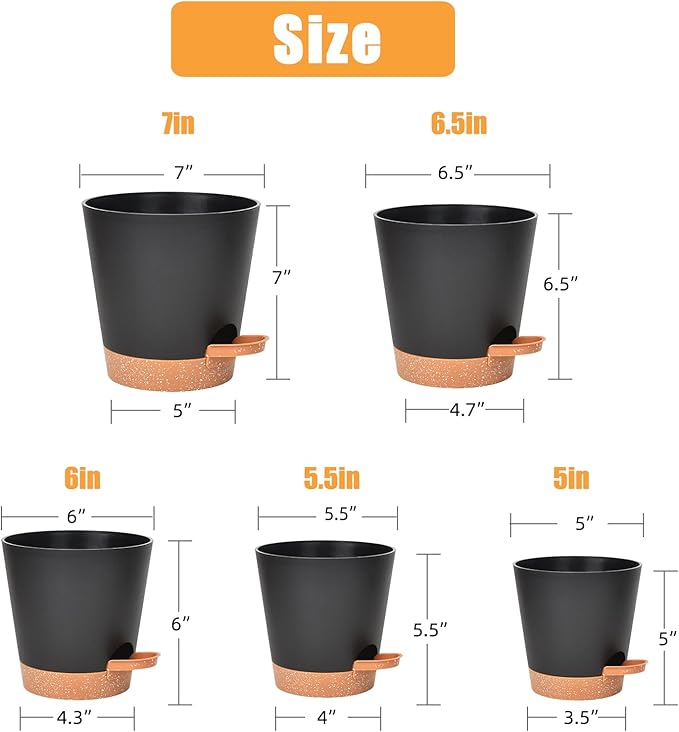 Planters for Indoor Plants 7/6.5/6/5.5/5 Inch, Self Watering Flower Pots with Drainage Holes and Saucers 5 Pack Plastic Pots for Plants, Succulents, Herbs, Cactus, Flower, Black