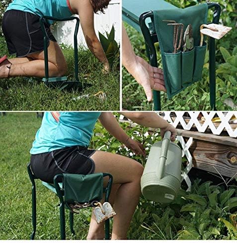 Garden Kneeler Seat Folding Stool Work Seat Flower Planting Grass Belt Tool Bag Camping Outdoor Portable Garden Stool Garden Kneeler with 1 Bonus Tool Pouches (23.5"x19.3", Green)